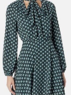 Ted Baker Teal Floral Tie-Neck Long Sleeve Dress